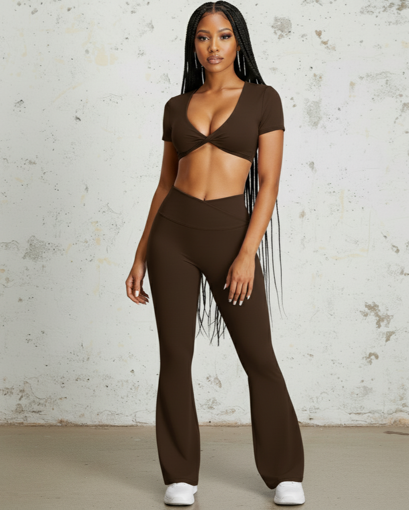 Brown two-piece flare pants matching set for women featuring a cropped top and flared pants
