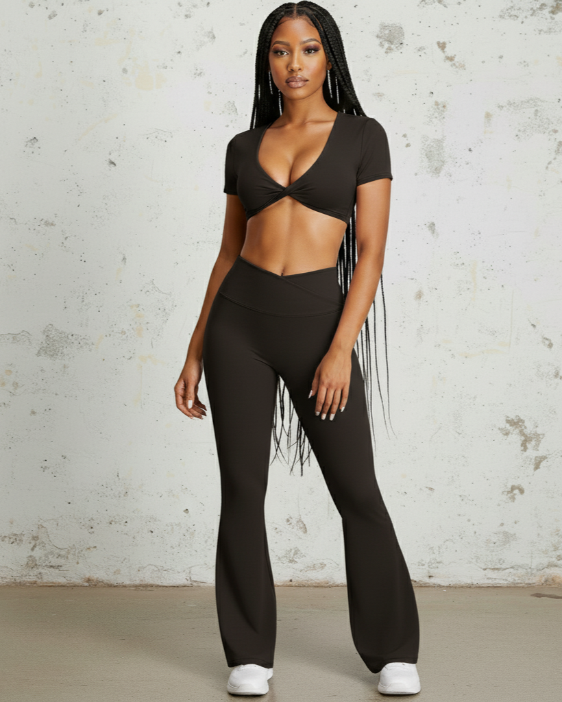 Xooie Fit Two-Piece Set featuring a cropped top and flare pants matching set for women in black