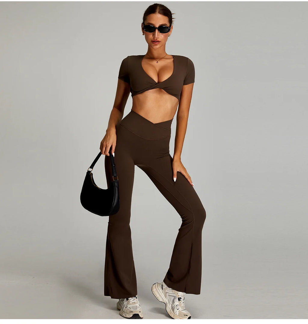 Brown Xooie Fit two-piece flare pants matching set for women with stylish top and flared bottoms
