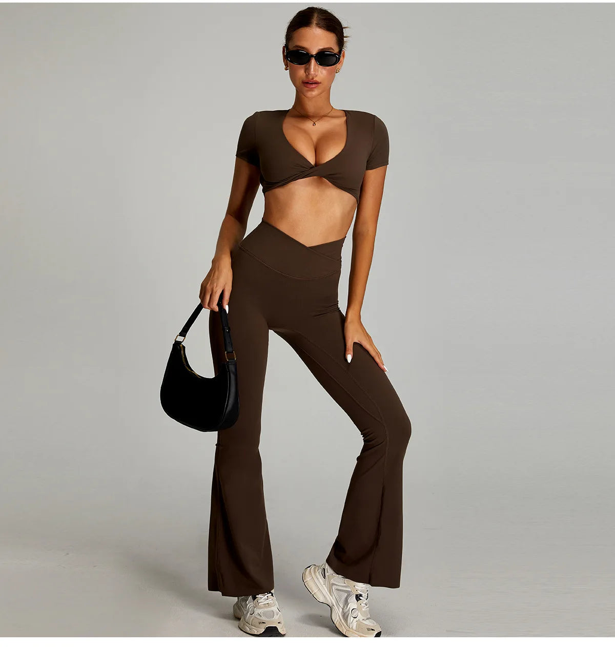Brown Xooie Fit two-piece flare pants matching set for women with stylish top and flared bottoms