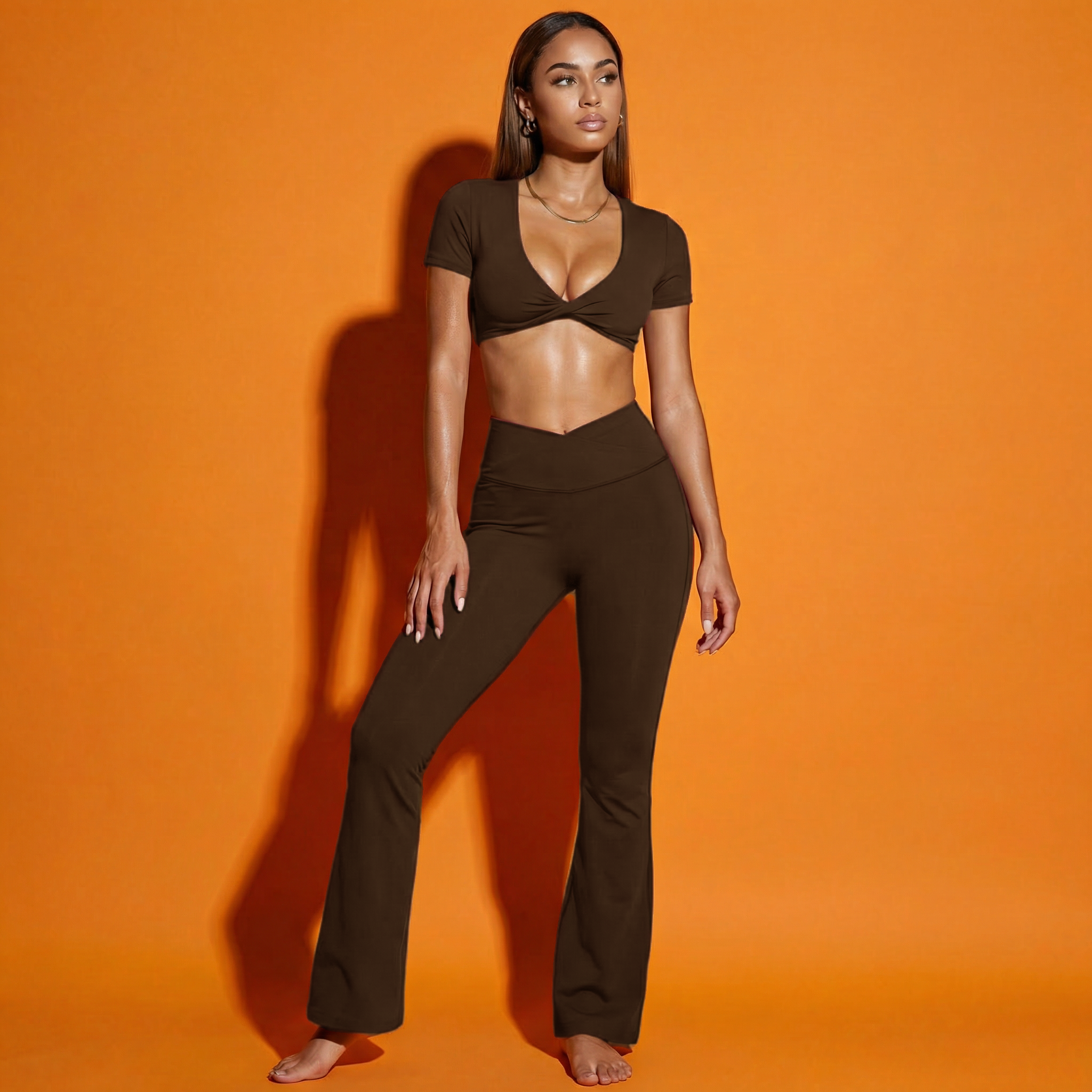 Xooie Fit Flare Pants Matching Set for Women in Brown with a Cropped Top