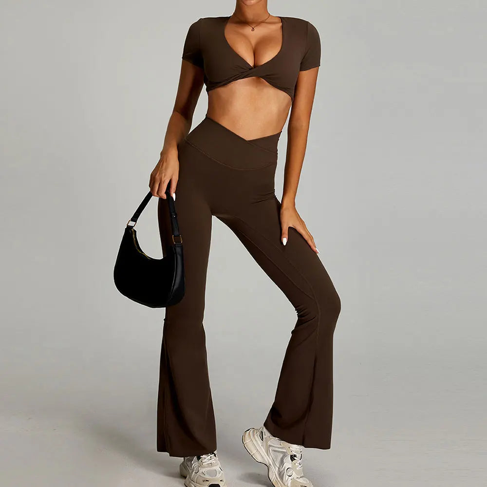 Xooie Fit Two-Piece Set featuring a cropped top and flare pants matching set for women in brown