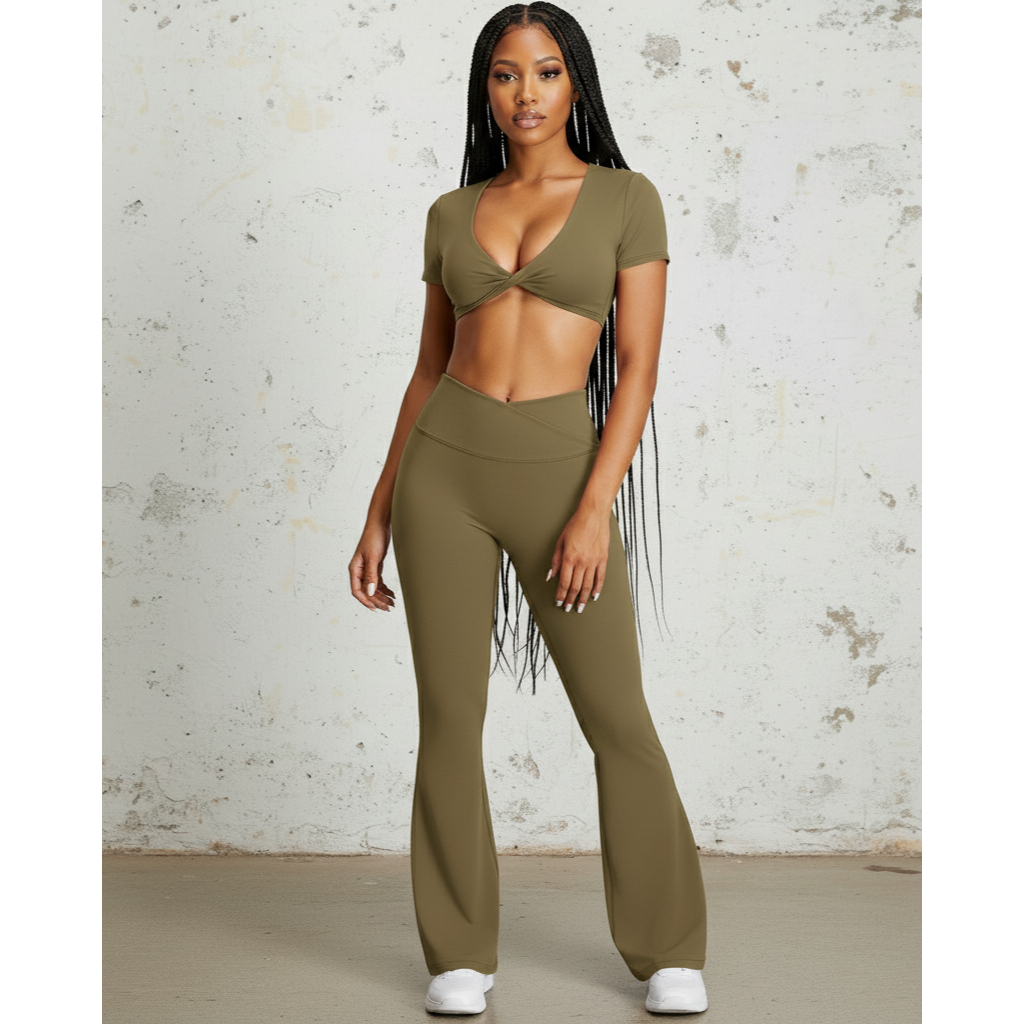 Xooie Fit two-piece set featuring a crop top and flare pants matching set for women in olive green
