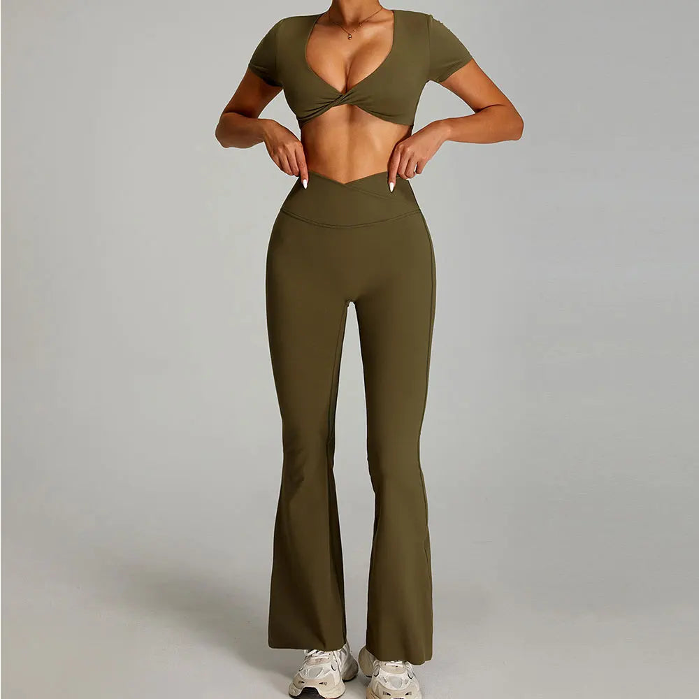 Xooie Fit Two-Piece Set featuring flare pants matching set for women in olive green color