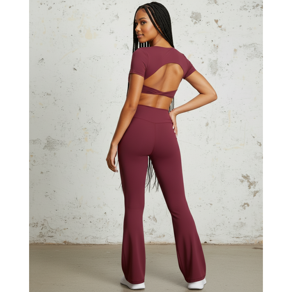 Xooie Fit Two-Piece Set featuring flare pants matching set for women in burgundy color