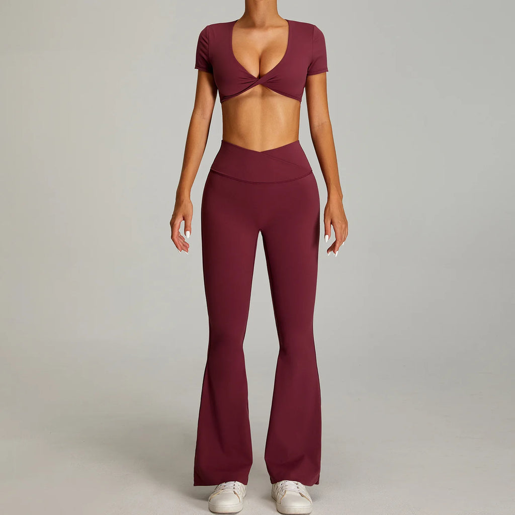 Xooie Fit Flare Pants Matching Set for Women in Burgundy with Short Sleeve Crop Top