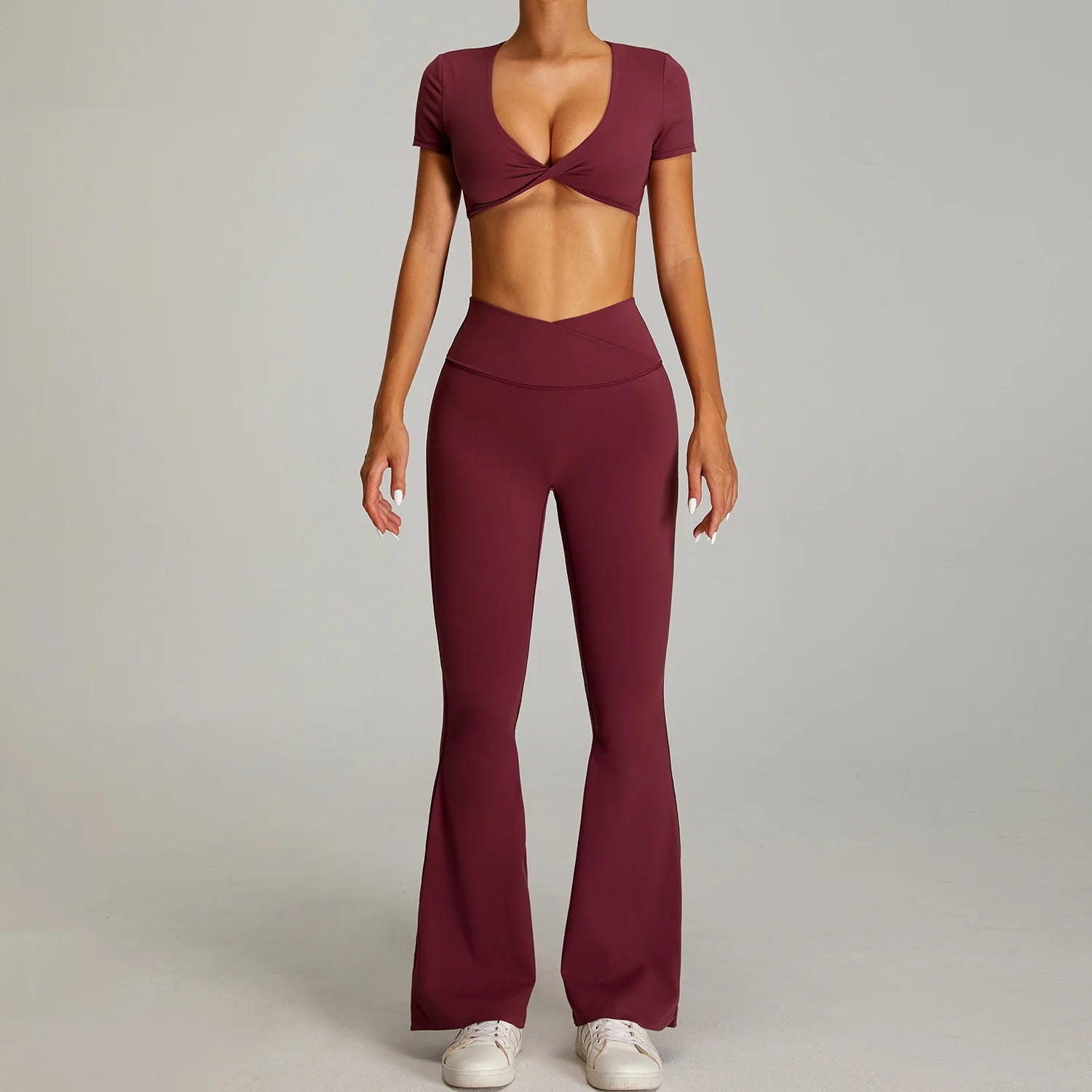 Xooie Fit Flare Pants Matching Set for Women in Burgundy with Short Sleeve Crop Top