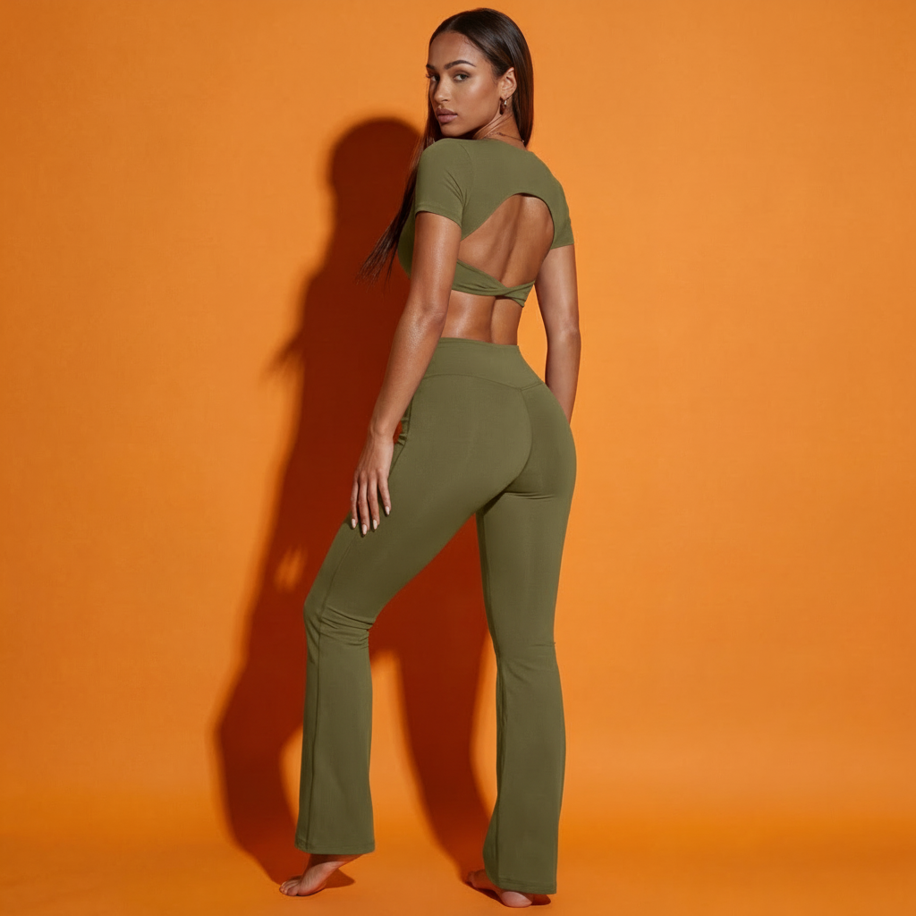 Olive twist front backless crop top with matching flared pants