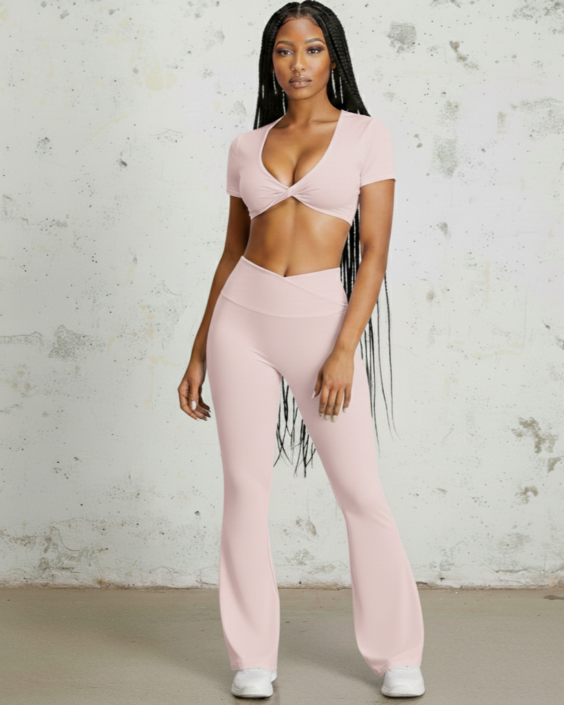 Xooie Fit Pink Two-Piece Set featuring Flare Pants Matching Set for Women with Crop Top