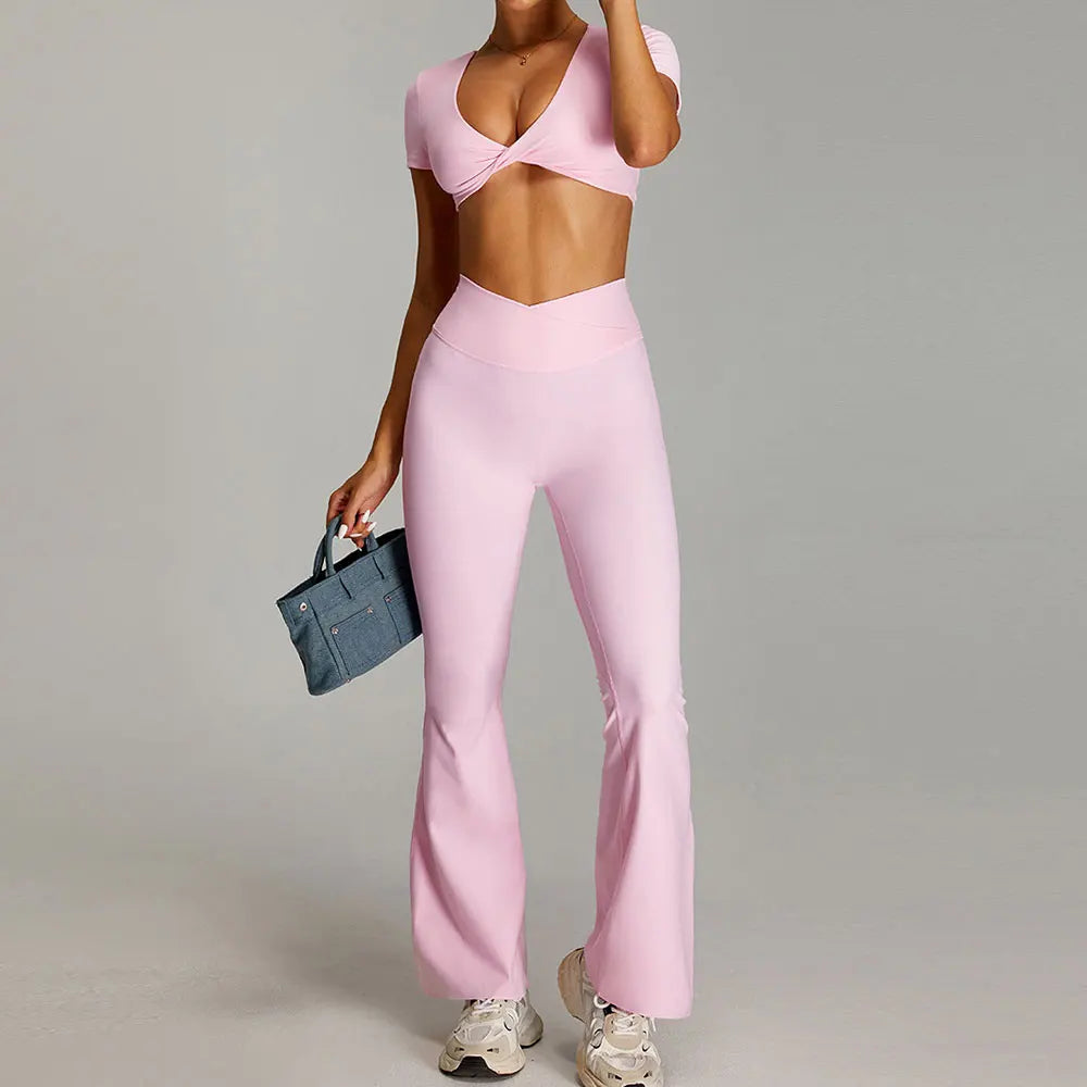 Xooie Fit Pink Flare Pants Matching Set for Women with a Cropped Top and Flared Leg Design