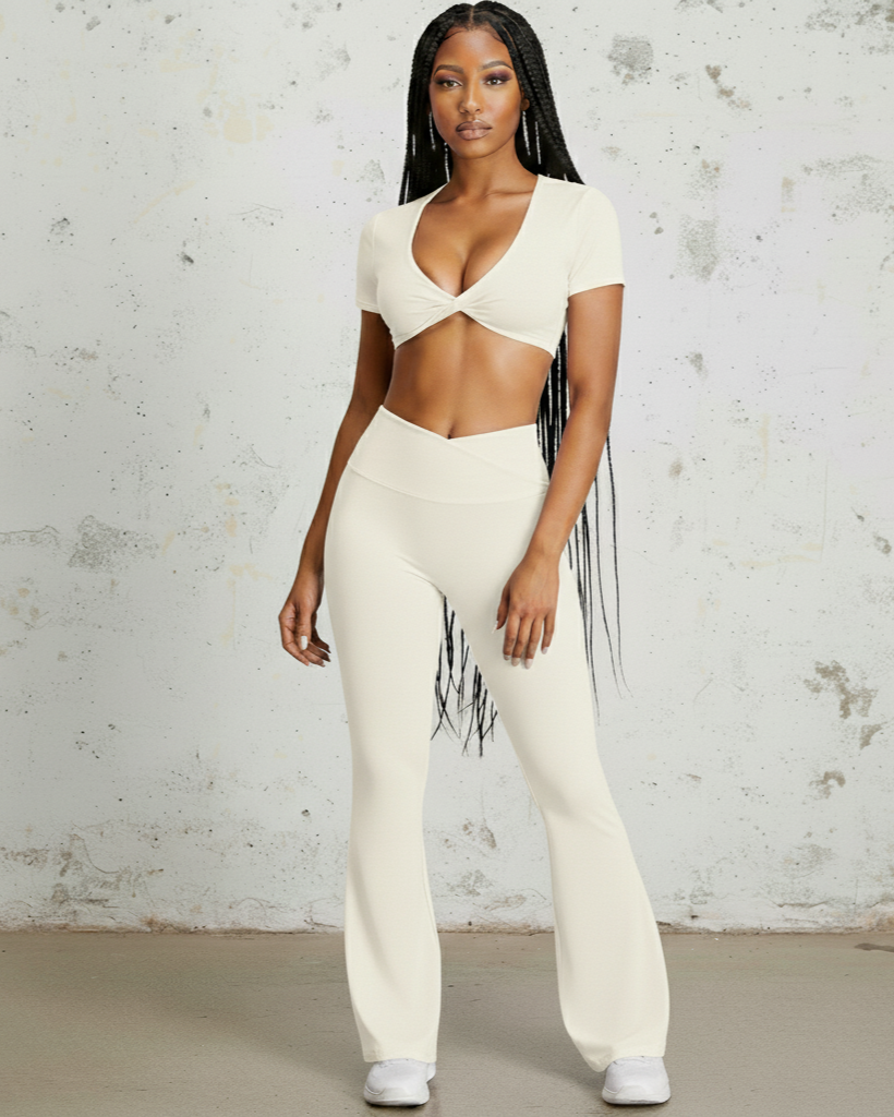 Stylish Xooie Fit two-piece flare pants matching set for women in cream color