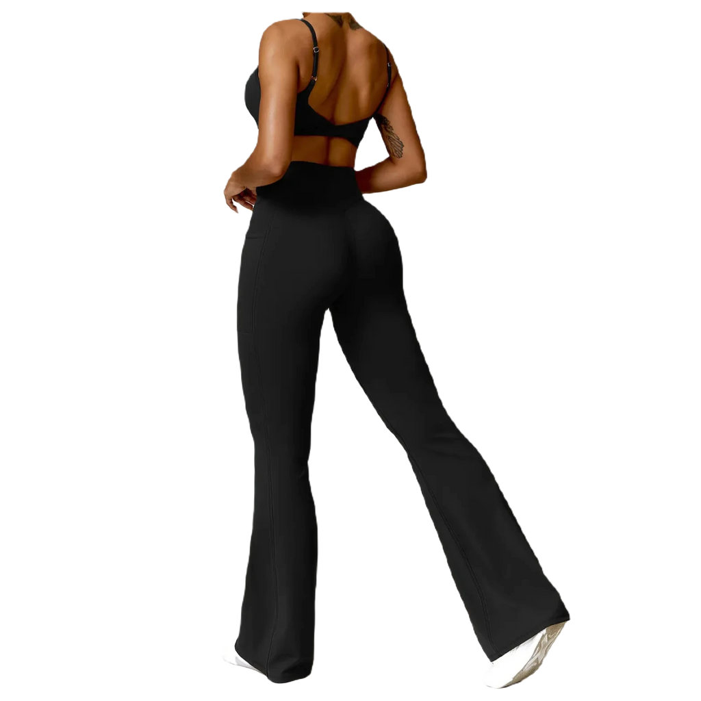 Xooie Fit flare yoga pants set in black, featuring a fitted top and flared pants for comfort and style