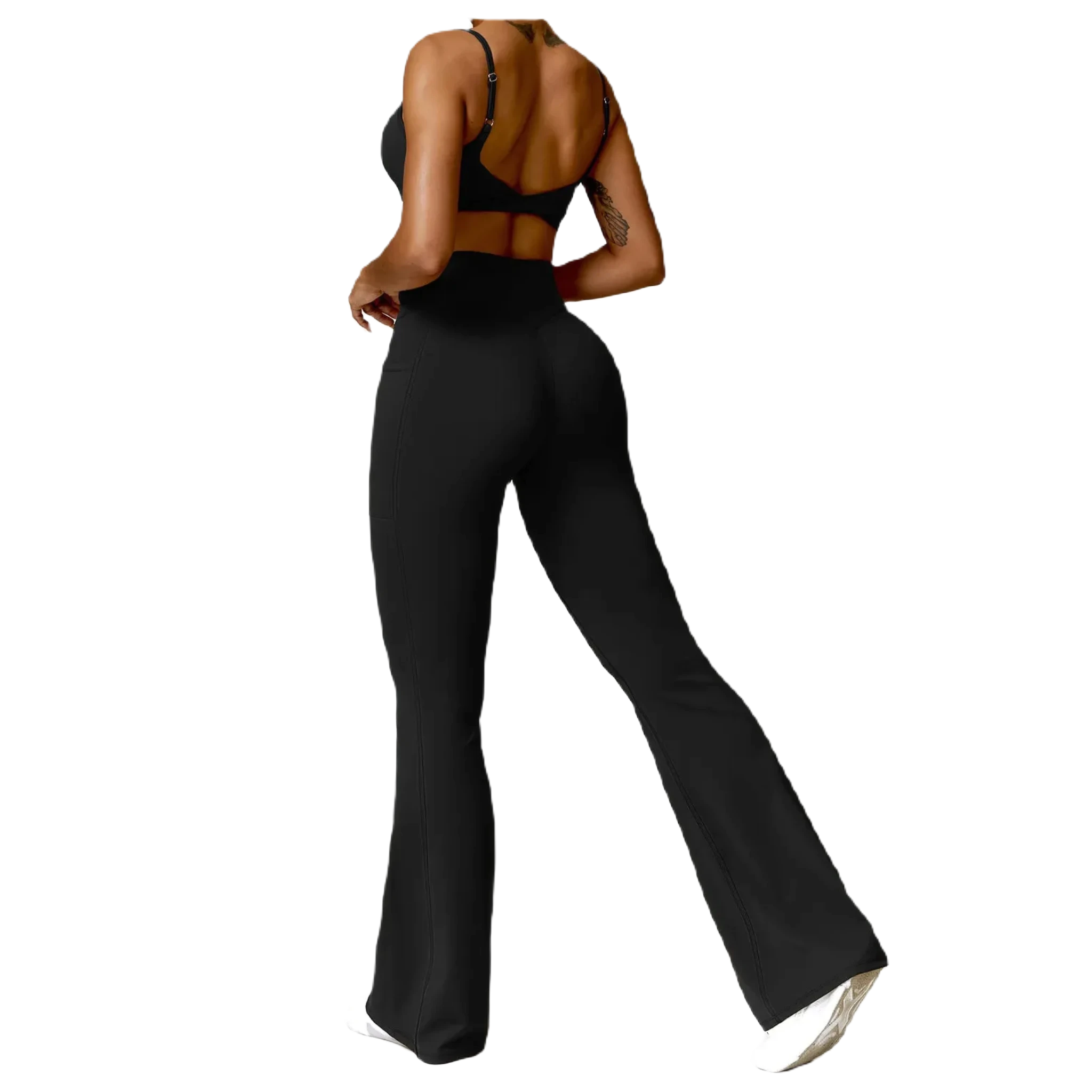 Xooie Fit flare yoga pants set in black, featuring a fitted top and flared pants for comfort and style