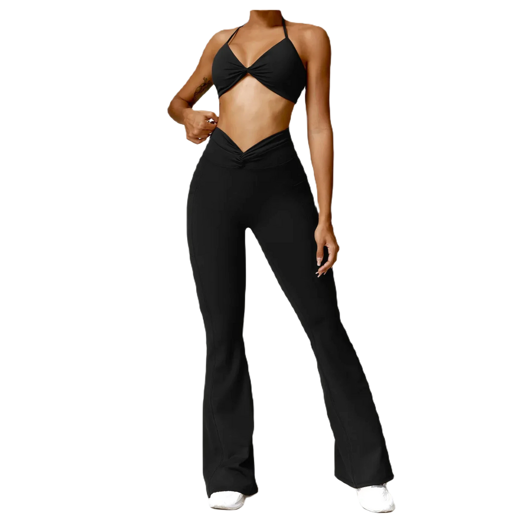 Xooie Fit Flare Yoga Pants Set featuring a cropped top and high-waisted flared pants in black