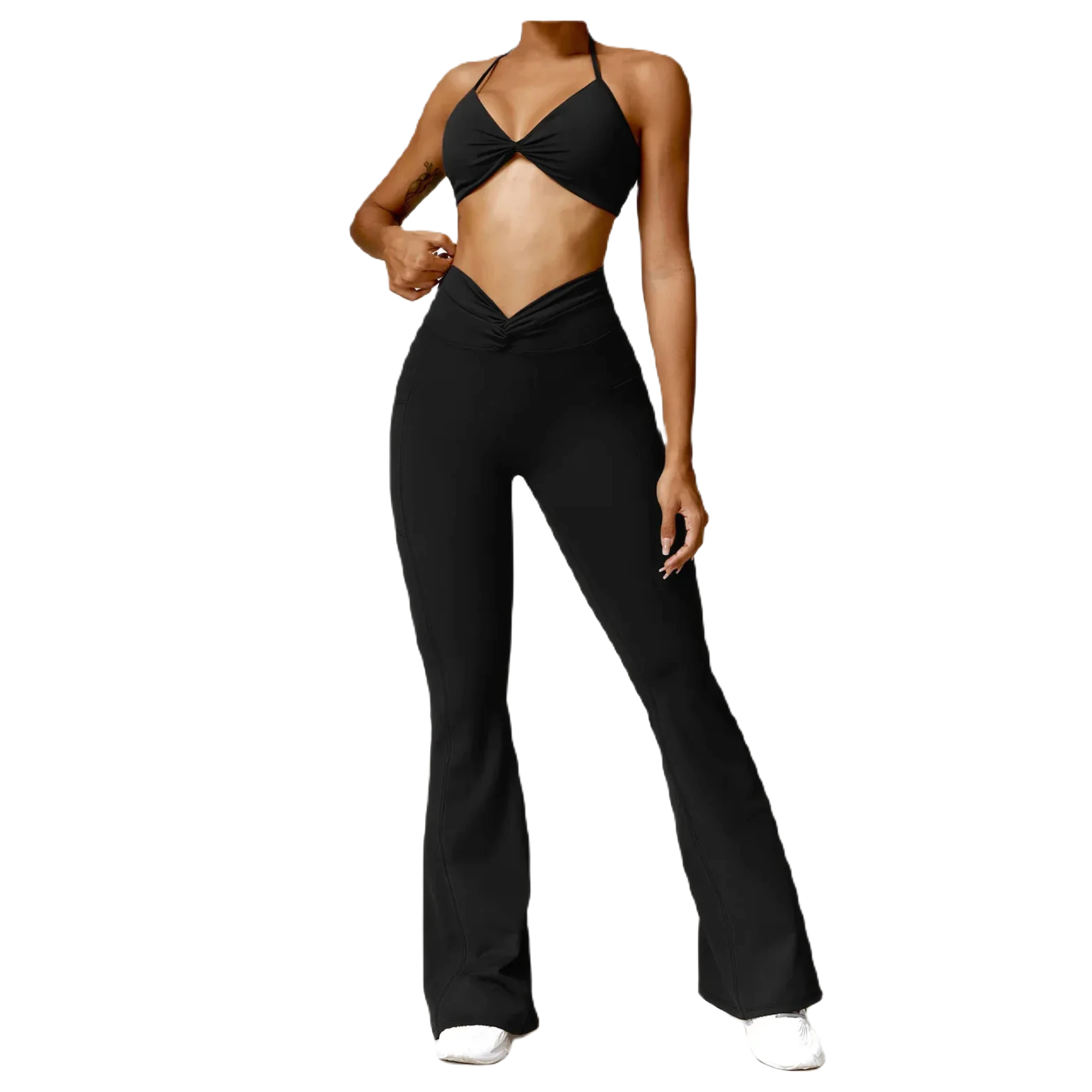 Xooie Fit Flare Yoga Pants Set featuring a cropped top and high-waisted flared pants in black