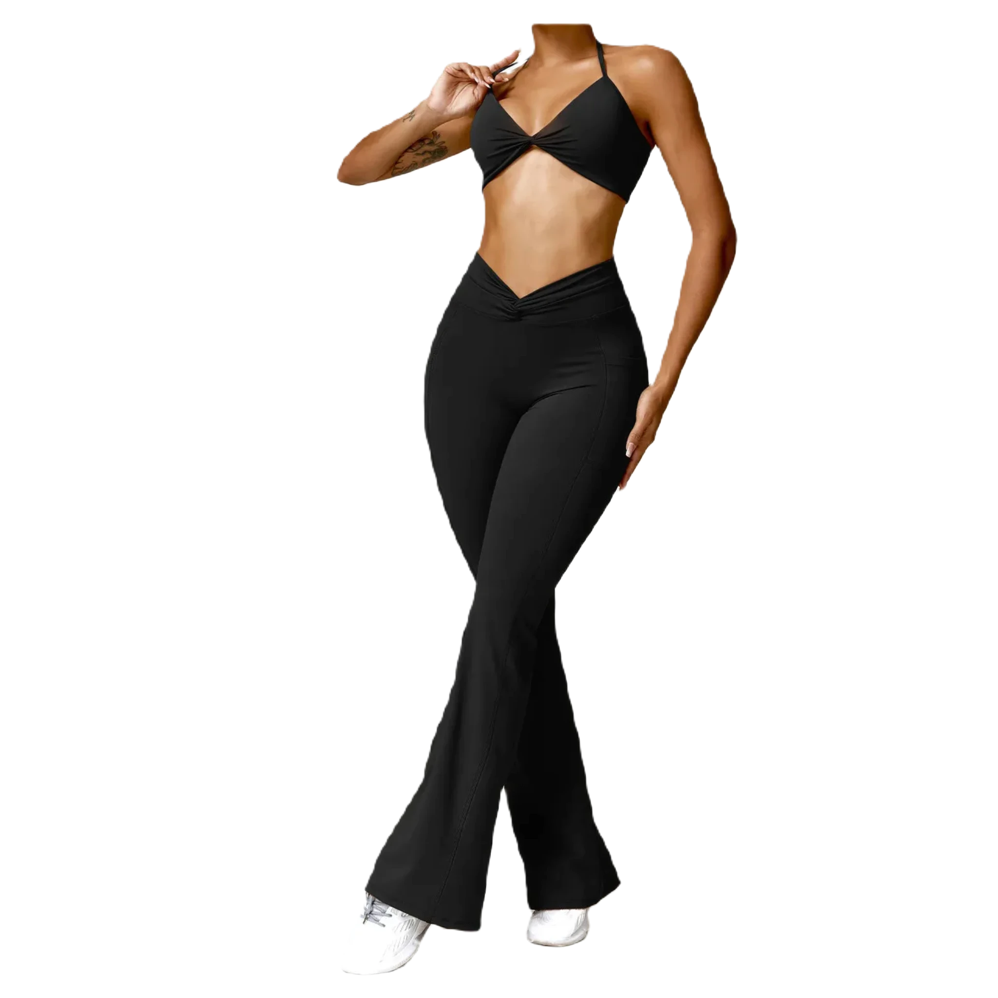 Black flare yoga pants set by Xooie Fit featuring a stylish crop top and flared pants for comfortable workouts