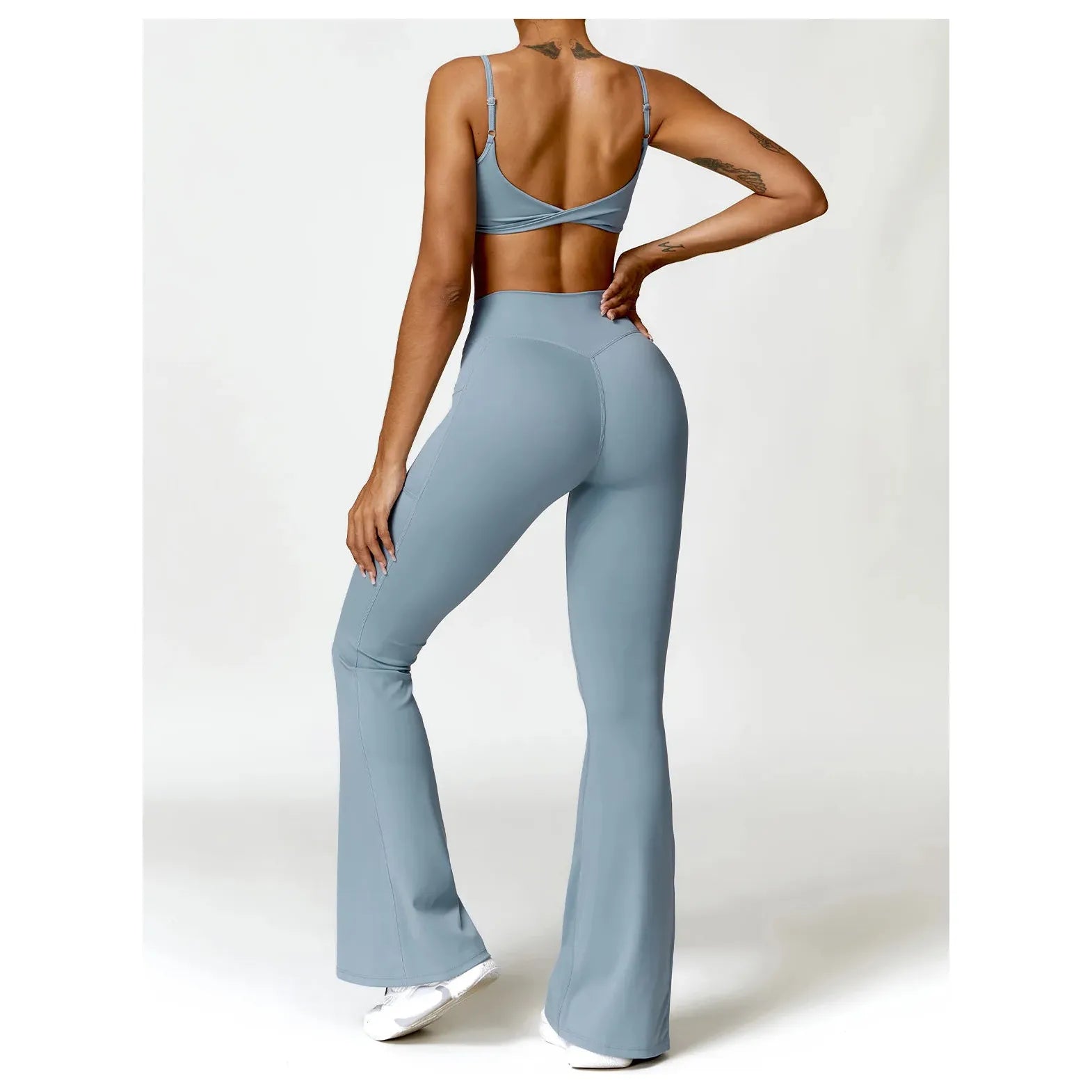 Xooie Fit Flare Yoga Pants Set in Blue with Stylish Bra and Flare Leggings for Comfortable Workouts