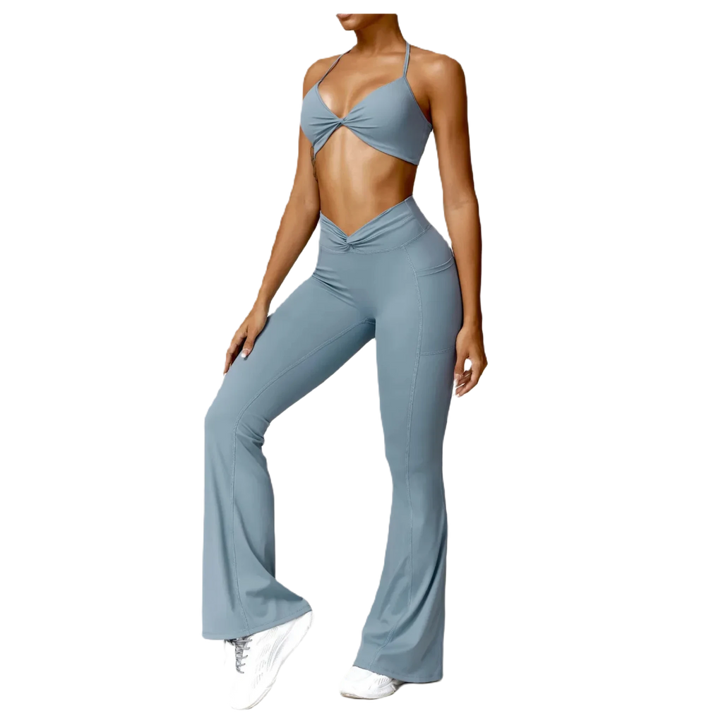Xooie Fit Flare Yoga Pants Set in Blue with a Stylish Crop Top and Flared Leg Design