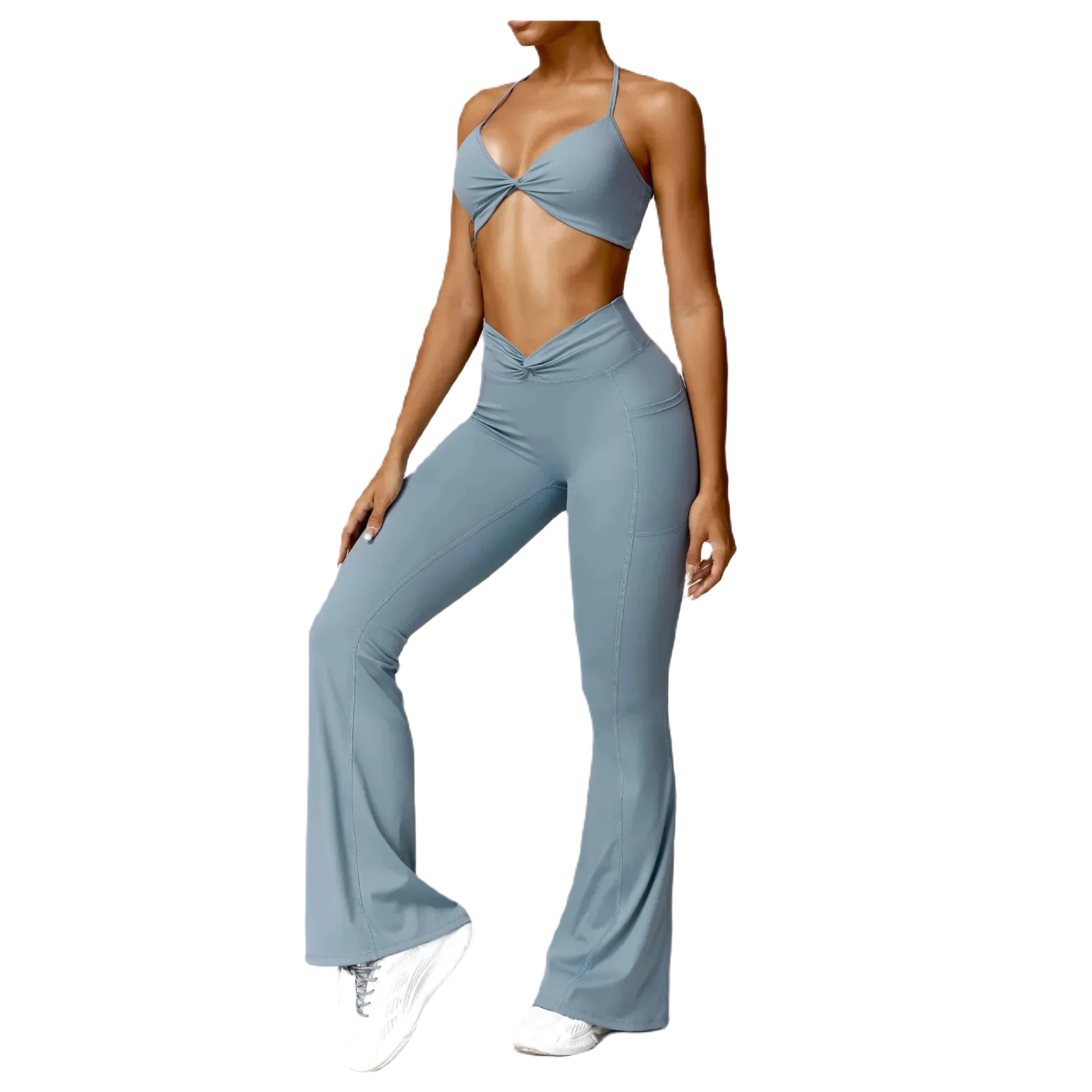 Xooie Fit Flare Yoga Pants Set in Blue with a Stylish Crop Top and Flared Leg Design