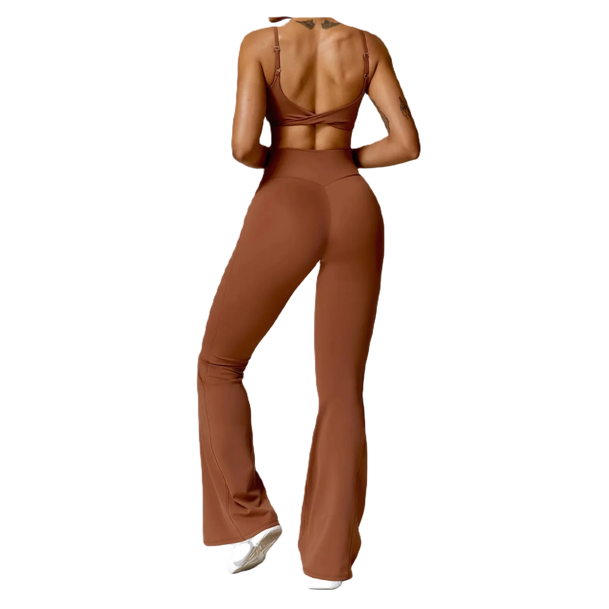 Xooie Fit Flare Yoga Pants Set in Brown with a Stylish Crop Top Design for Comfortable Workouts
