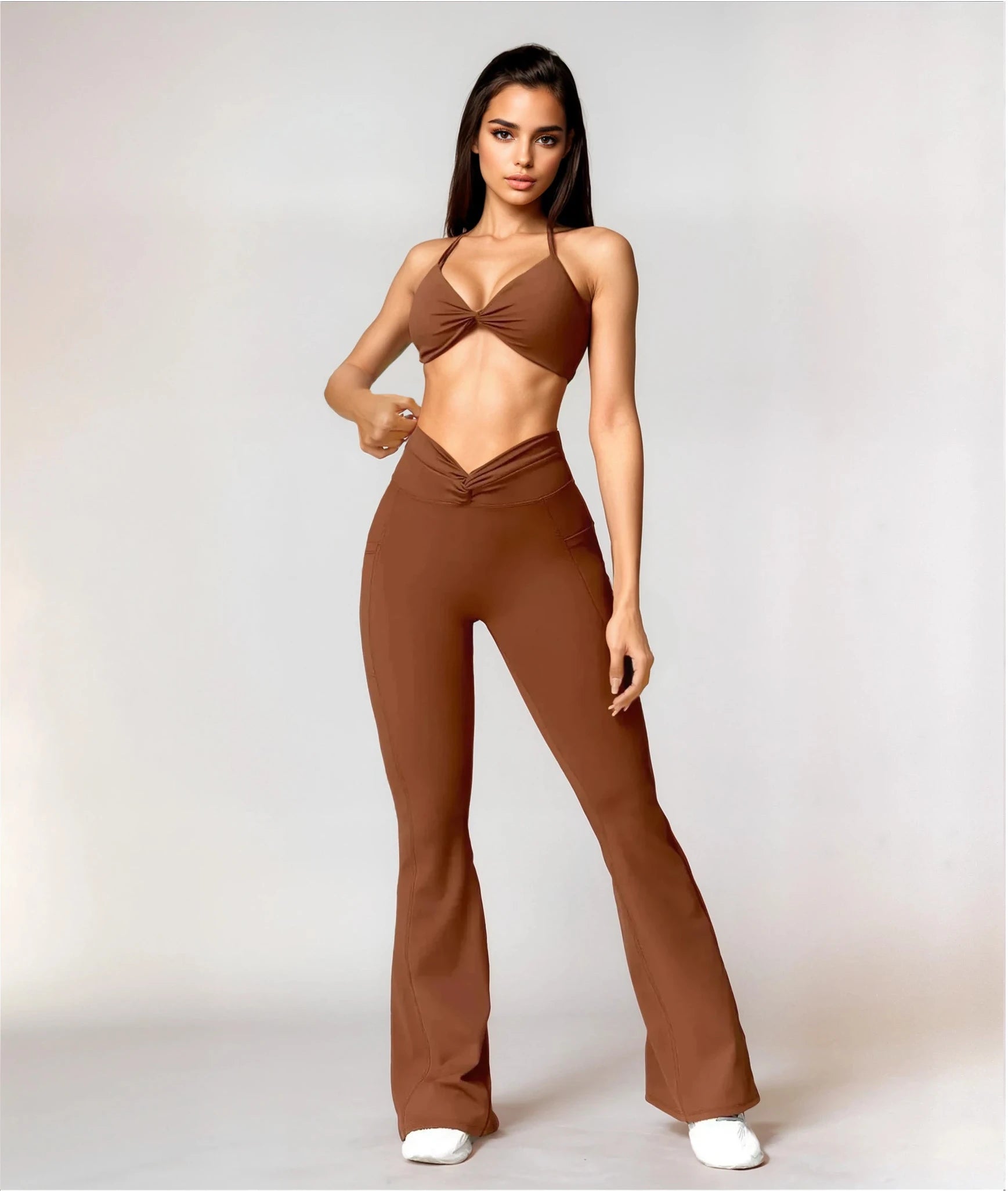 Xooie Fit Flare Yoga Pants Set in Brown with Stylish Crop Top Design for Comfort and Flexibility