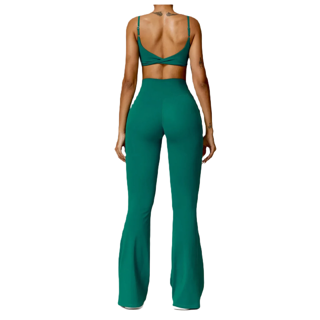 Xooie Fit flare yoga pants set in green with a stylish crop top and flared pants design