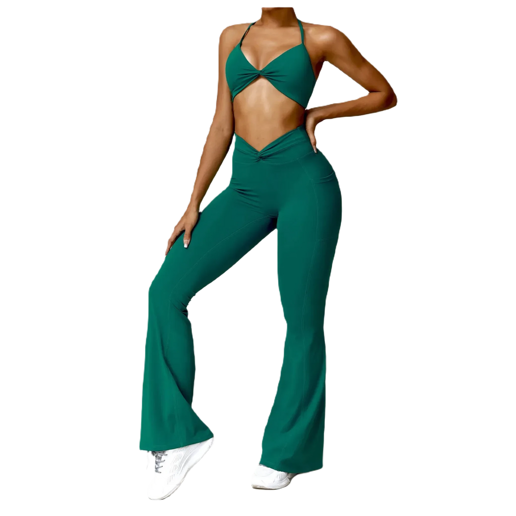 Xooie Fit Flare Yoga Pants Set in Green with Stylish Knotted Top and Flared Legs