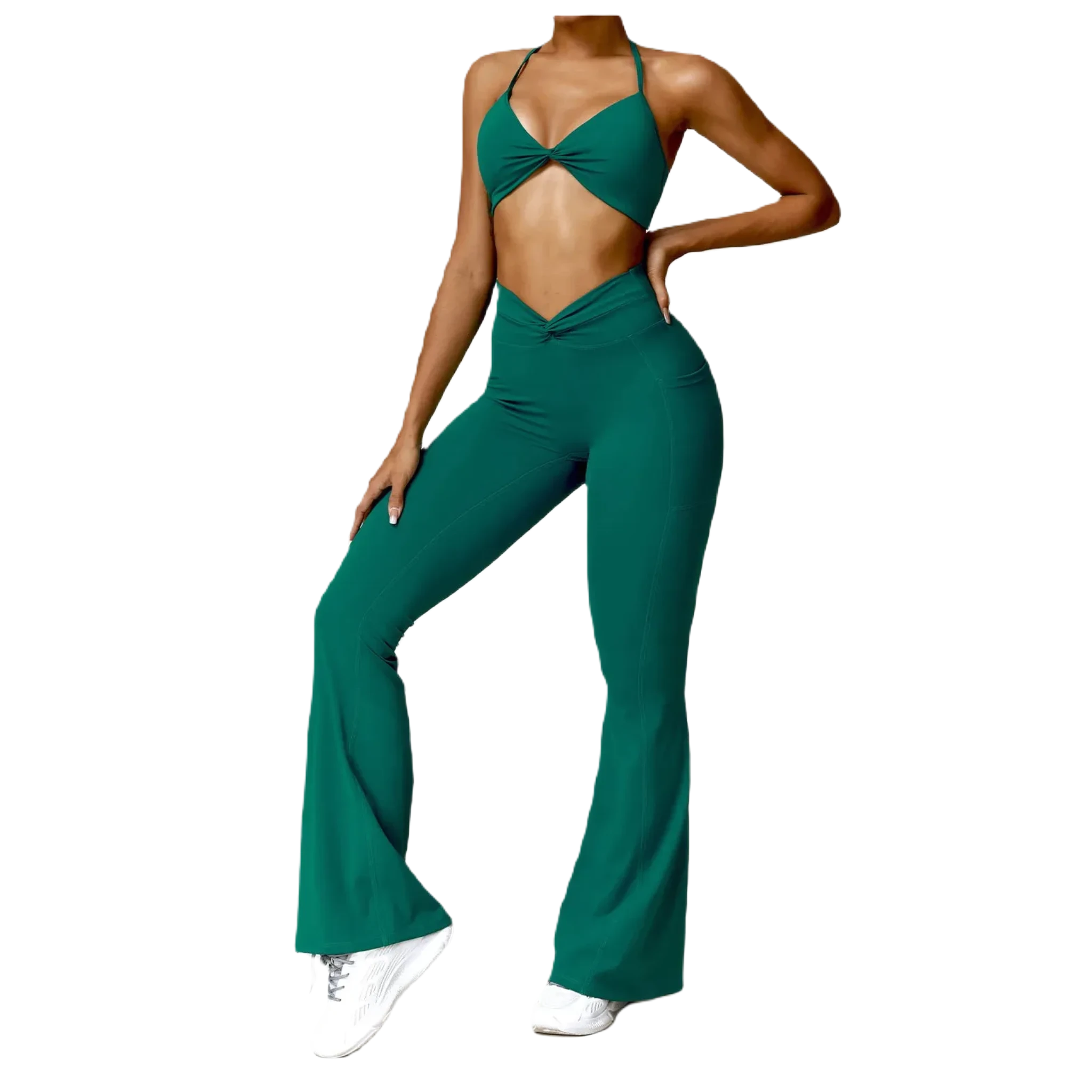 Xooie Fit Flare Yoga Pants Set in Green with Stylish Knotted Top and Flared Legs