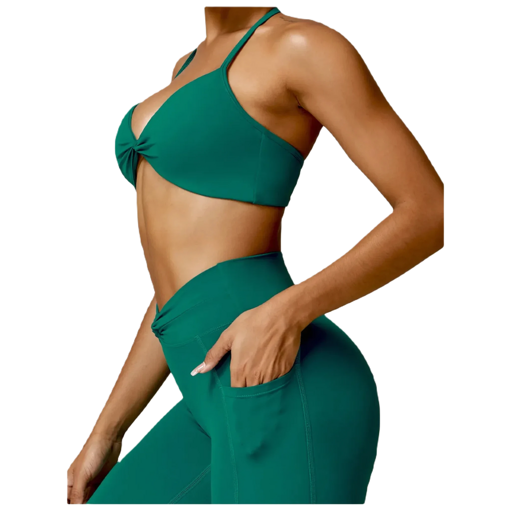 Xooie Fit flare yoga pants set in teal with stylish crop top and high-waisted pants