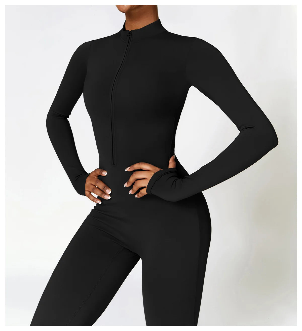 Xooie Fit fleece lined workout jumpsuit women in black with full zip and long sleeves