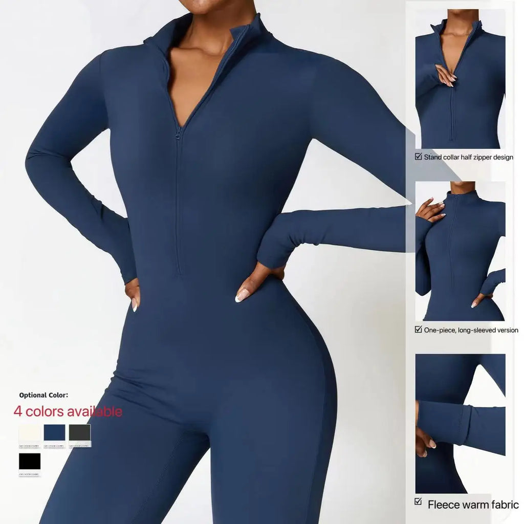 Xooie Fit fleece lined workout jumpsuit women in navy blue with half zipper and long sleeves