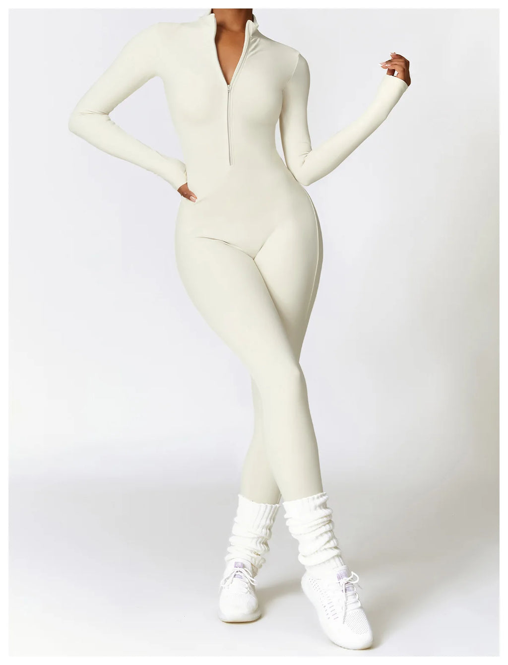 Xooie Fit Fleece Lined Workout Jumpsuit Women in Cream Color with Zip Front Design