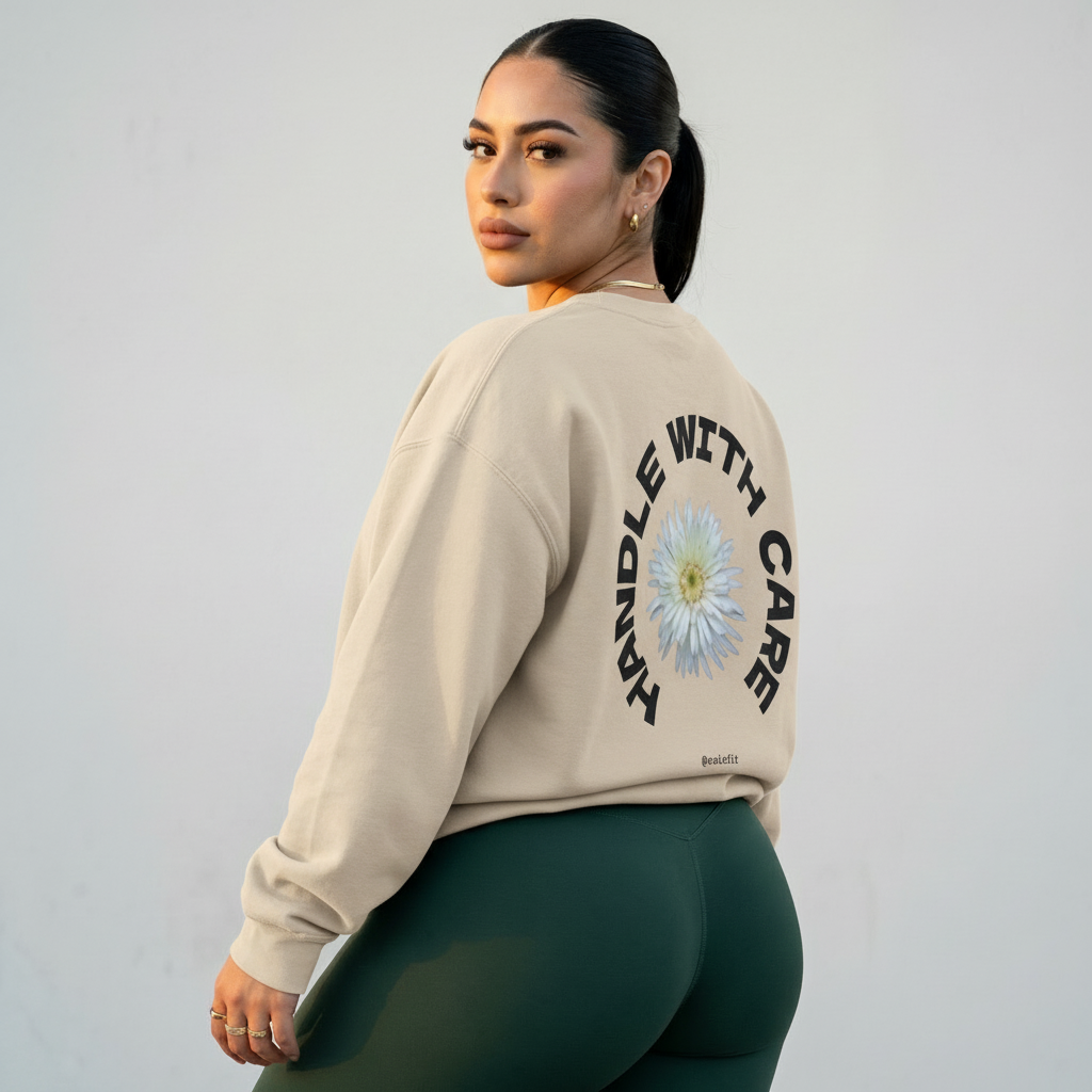 Beige crewneck sweatshirt with back floral graphic and circular text