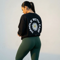 Black crewneck sweatshirt with large circular floral back graphic and arched text