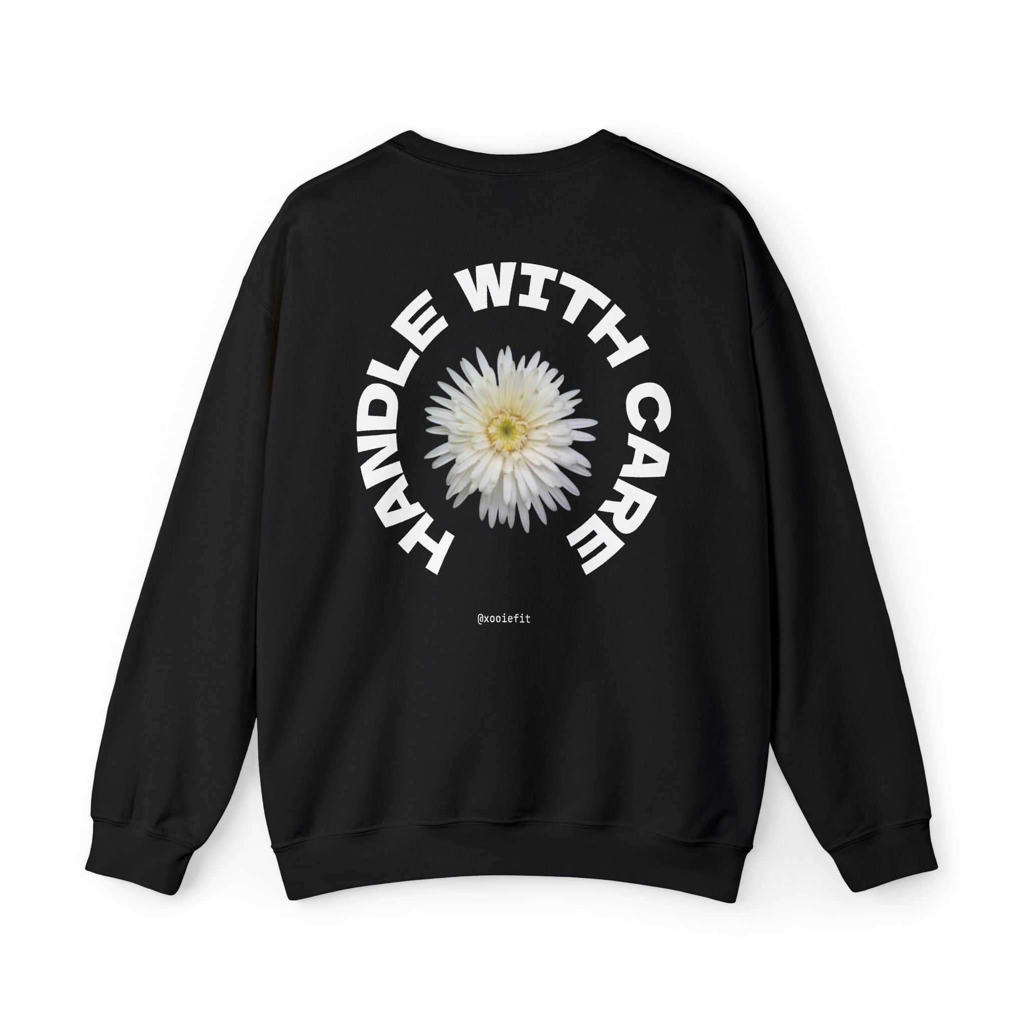 Black crewneck sweatshirt, back view showing circular "WITH CARE" daisy print