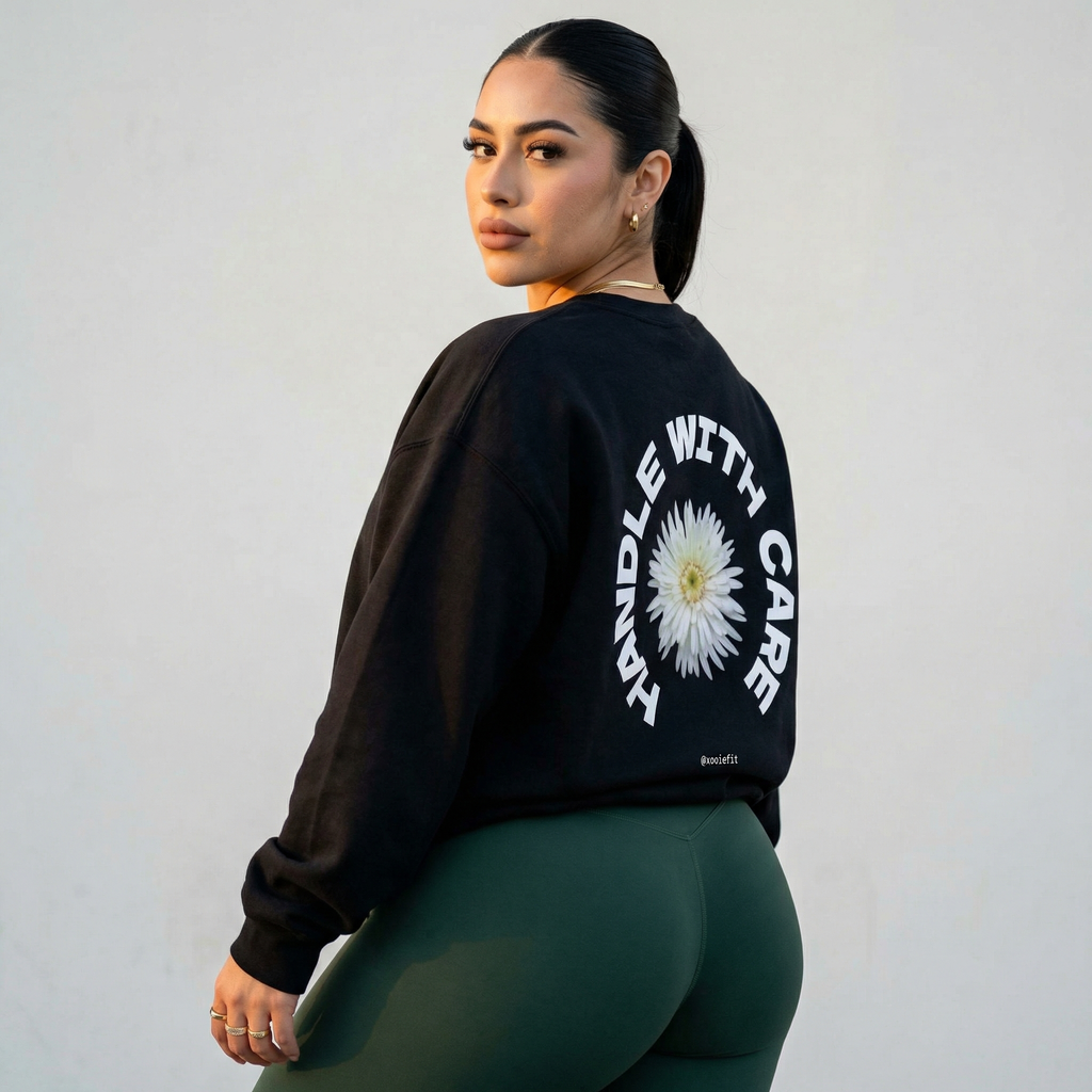 Black crewneck sweatshirt, large back daisy logo and circular white text