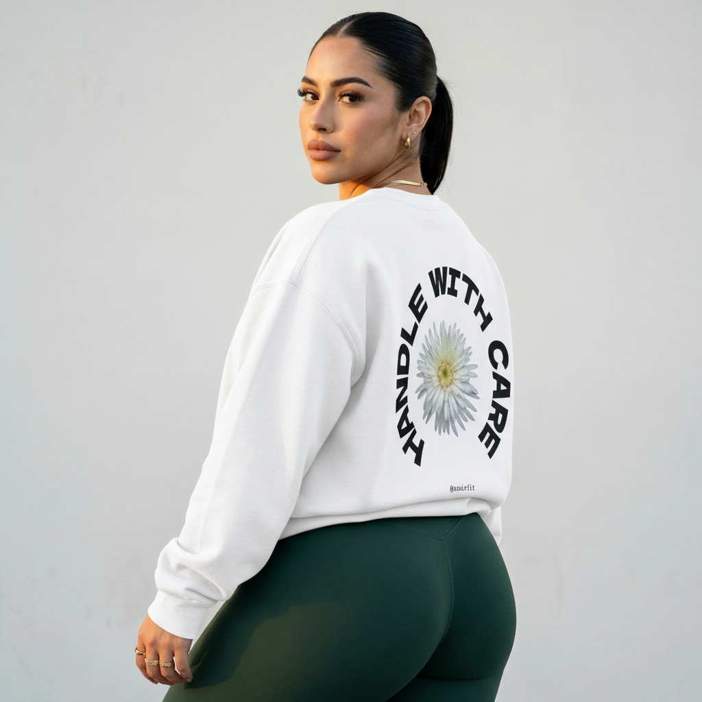 White crewneck sweatshirt with back floral graphic and circular text