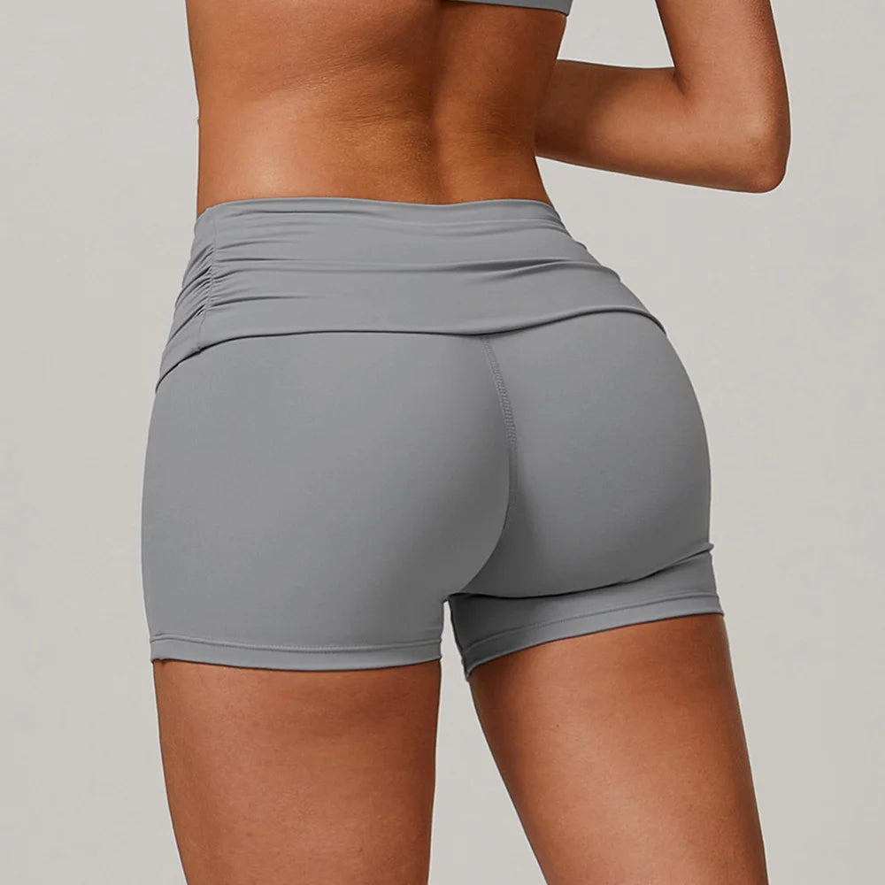 Xooie Fit gray foldable waistband yoga shorts designed for comfort and flexibility