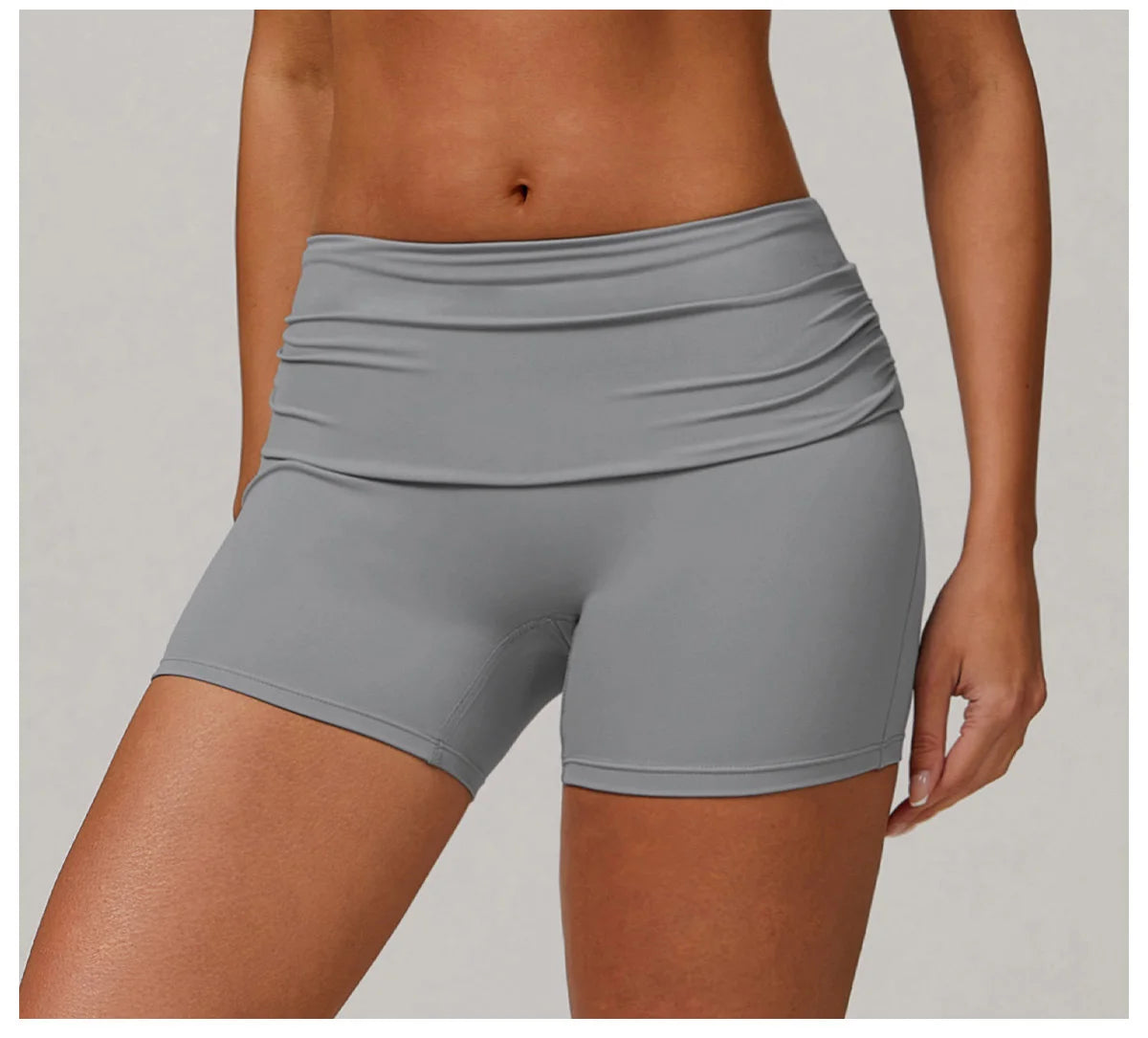 Xooie Fit gray foldable waistband yoga shorts designed for comfort and flexibility during workouts