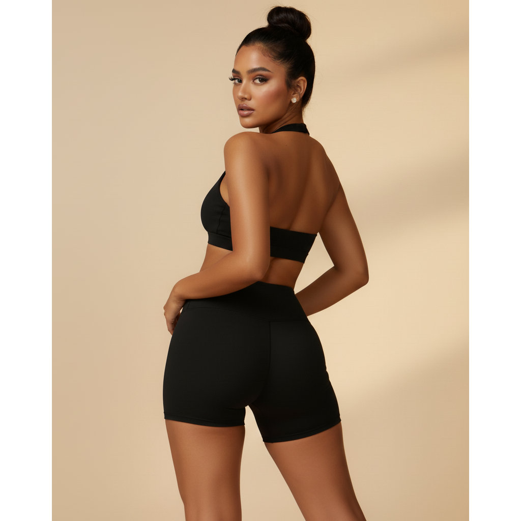 Woman wearing a black sports bra and shorts on a beige background