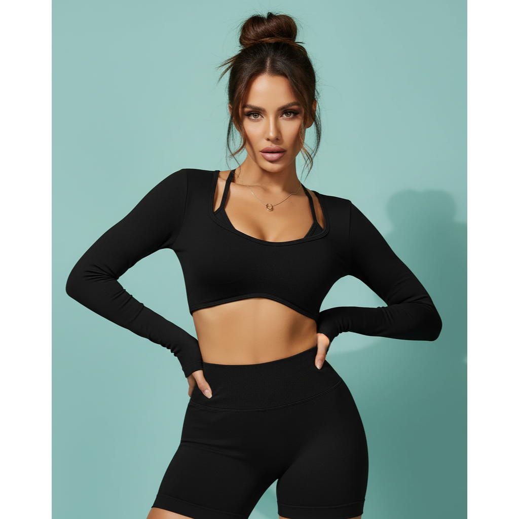 Conversation Starter | Bra, Long Sleeve Crop Top + Shorts 3-Piece Set