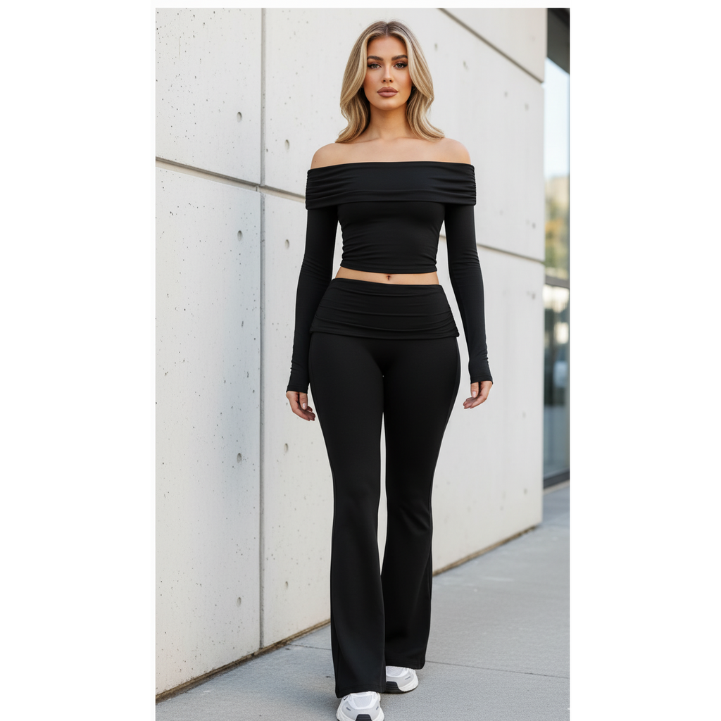 Dare To Flare | Off The Shoulder Long Sleeve Top + Flare Pants Set