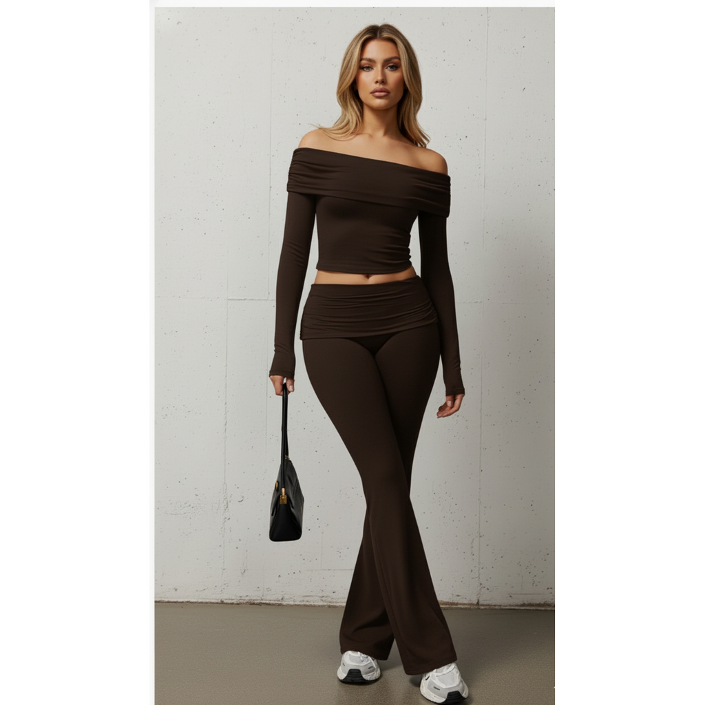 Dare To Flare | Off The Shoulder Long Sleeve Top + Flare Pants Set