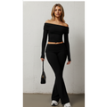 Dare To Flare set: black off-shoulder long-sleeve crop top and flared pants
