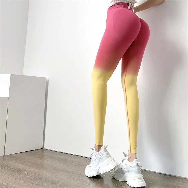 Xooie Fit gradient multicolor high waist leggings with a stylish pink to yellow ombre design