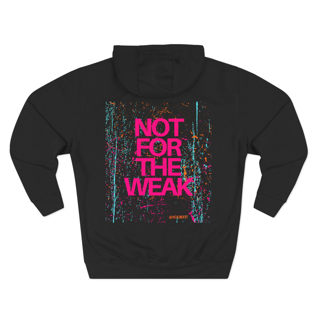 Proceed With Caution three-panel hoodie, Black; back text graphic “NOT FOR THE WEAK”