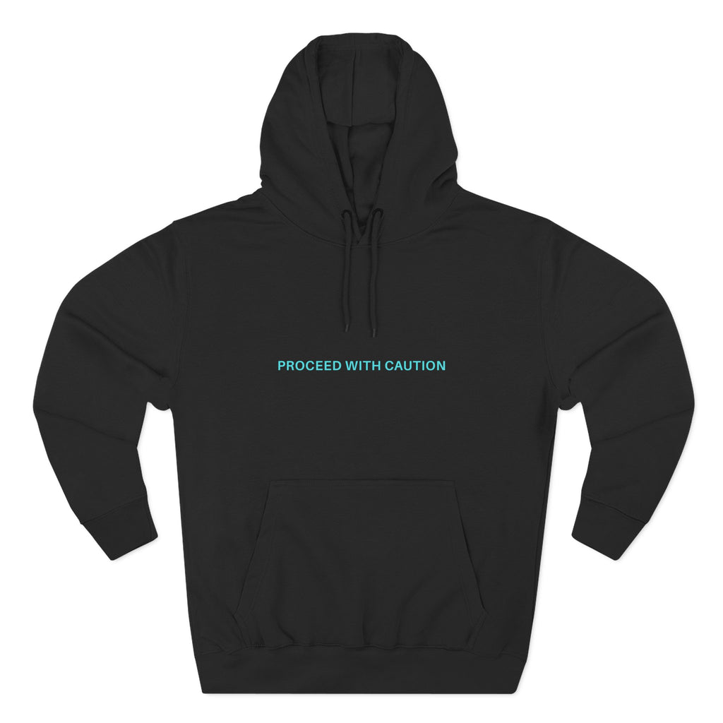 Graphic fleece hoodie, black back with “Proceed With Caution” text and drawstring hood