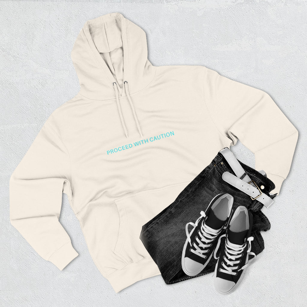 Proceed With Caution graphic fleece hoodie, Off White; hood with drawstrings, front “PROCEED WITH CAUTION”