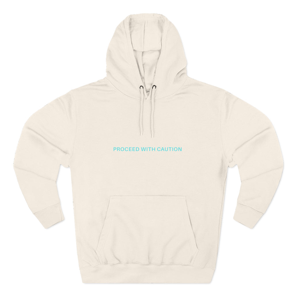 Graphic fleece hoodie, off white back with “Proceed With Caution” text and kangaroo pocket