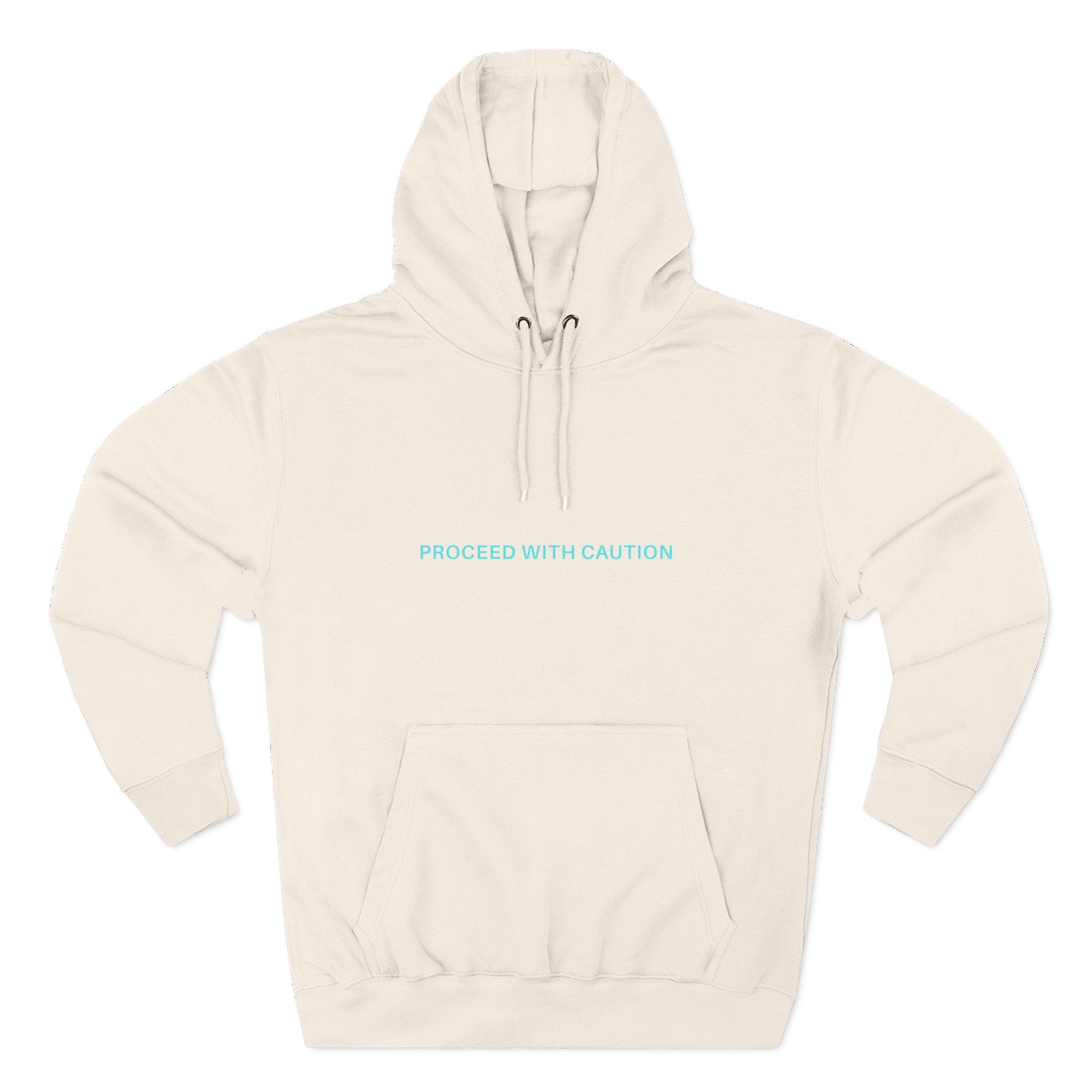 Graphic fleece hoodie, off white back with “Proceed With Caution” text and kangaroo pocket